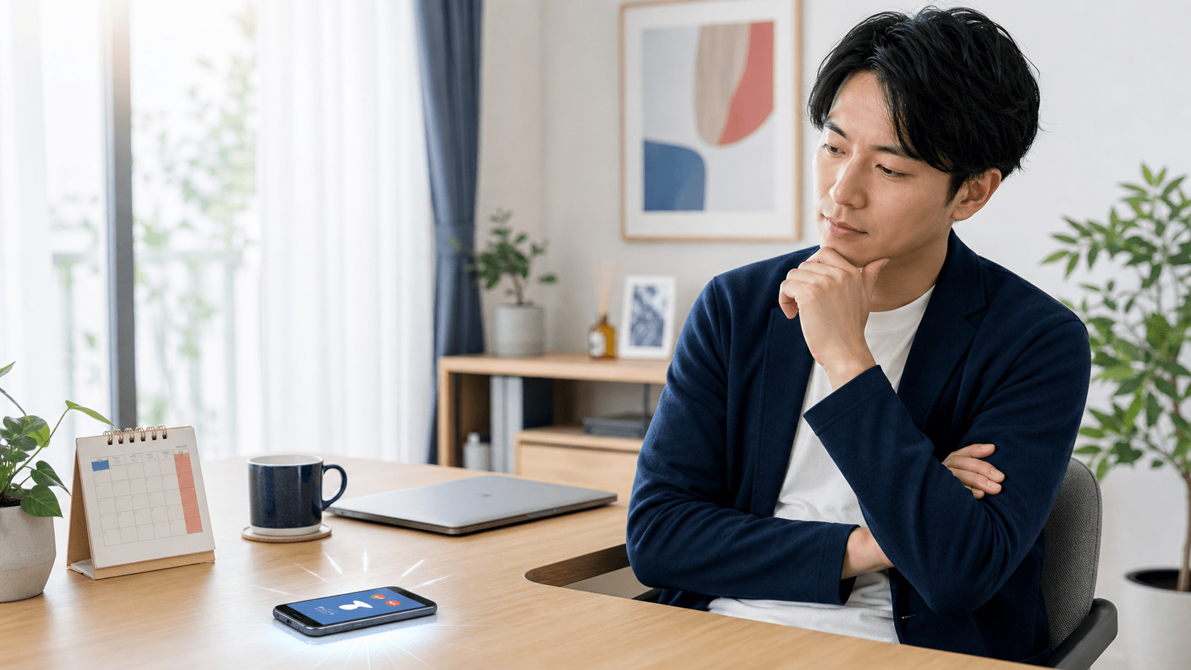 休日に鳴る社用携帯を見つめるビジネスパーソン