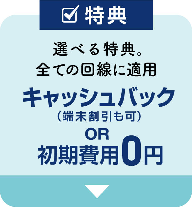 【特典】選べる特典。すべての回線に適用。「キャッシュバック（端末割引も可）」or「初期費用0円」