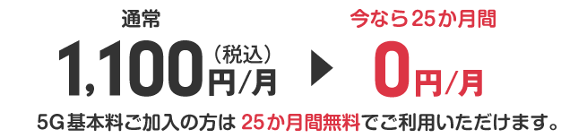 【5G基本料】通常1,100円/月が今なら25か月間0円。5G基本料ご加入の方は25か月間無料でご利用いただけます。